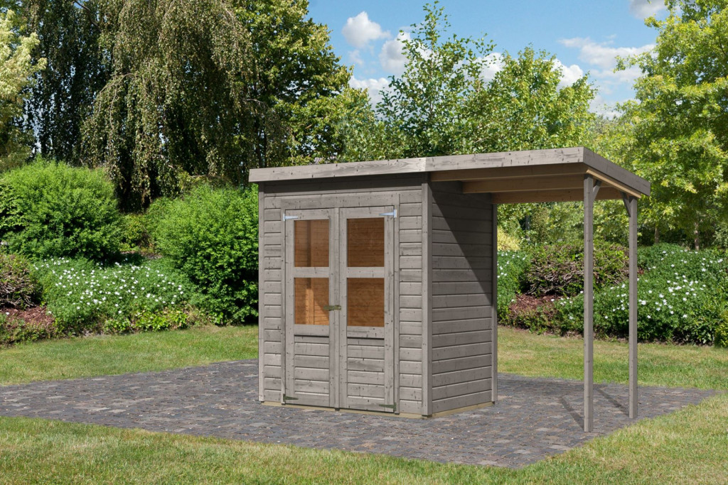 Karibu Merseburg 2. kis fa kerti tároló, fészer, tetővel és bővítménnyel/terasszal, modern dizájnnal, szürkére festett fából 320 cm x 126 cm (RP)