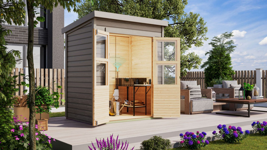 Karibu Merseburg 2. kis fa kerti tároló, fészer, modern tetővel, szürkére festett fából 182 cm x 126 cm (RP)