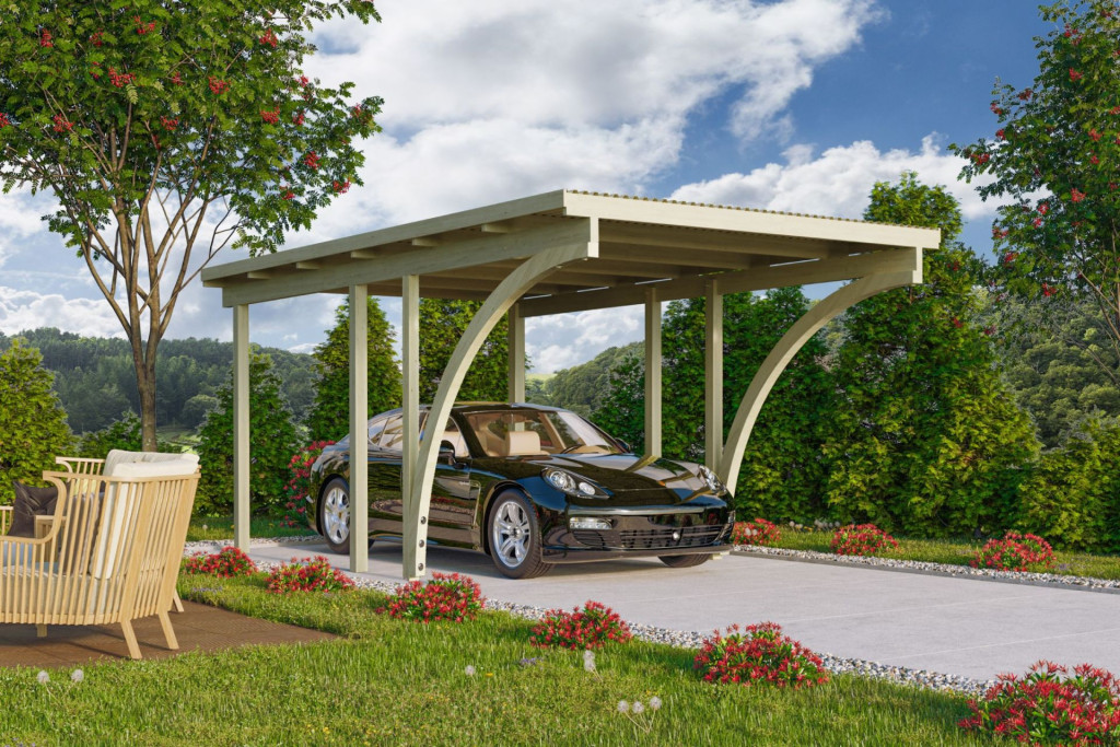 Karibu egyállásos fa autóbeálló, fedett kocsibeálló, boltíves bejárattal BASIC 1, 268 cm x 387 cm (RP)
