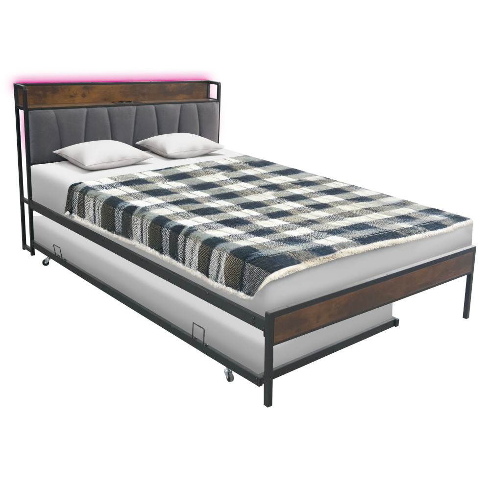 Ágy ágyráccsal és kihúzható pótággyal, 140x200, fekete/szürke, NORDO (RP)