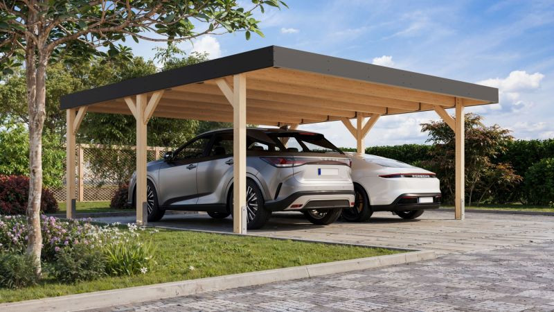 Karibu Nordic 3. dupla autóbeálló, fedett kocsibeálló, laminált fa, 552 cm x 487 cm (RP)