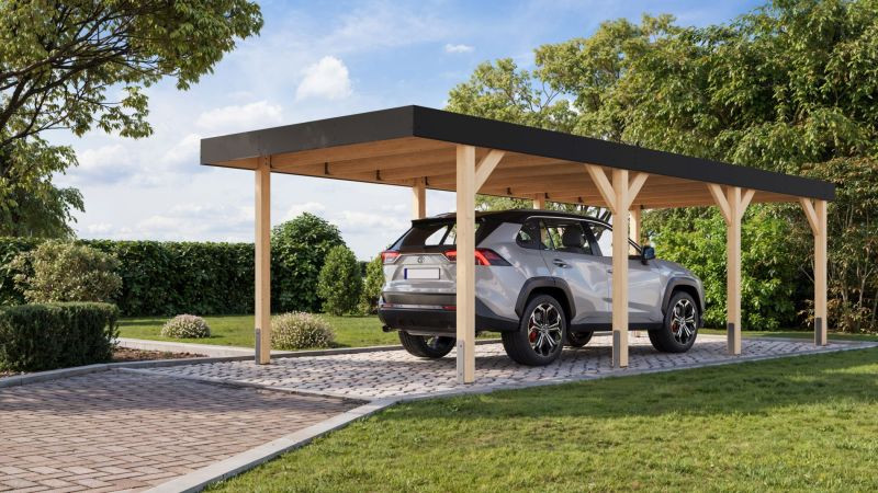 Karibu egyállásos autóbeálló, fedett kocsibeálló, laminált fa 2, 312,5 cm × 724 cm (RP)