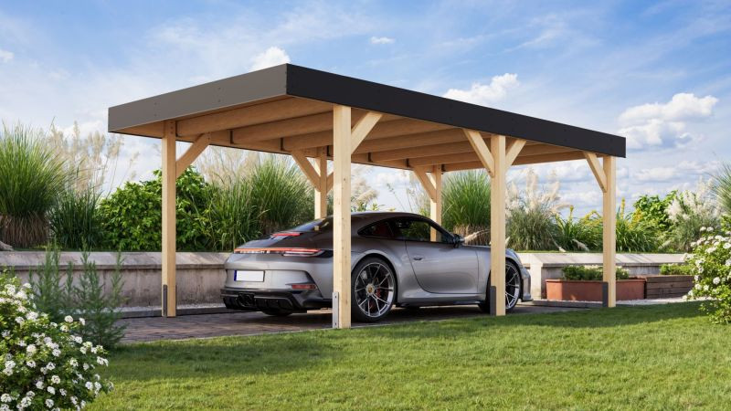 Karibu Nordic 1. egyállásos autóbeálló, fedett kocsibeálló, laminált fa, 312,5 cm x 487 cm (RP)