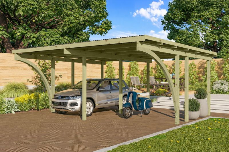 Karibu Basic 1. dupla fa autóbeálló, fedett kocsibeálló, bejárati boltívvel, 527 cm x 387 cm (RP)