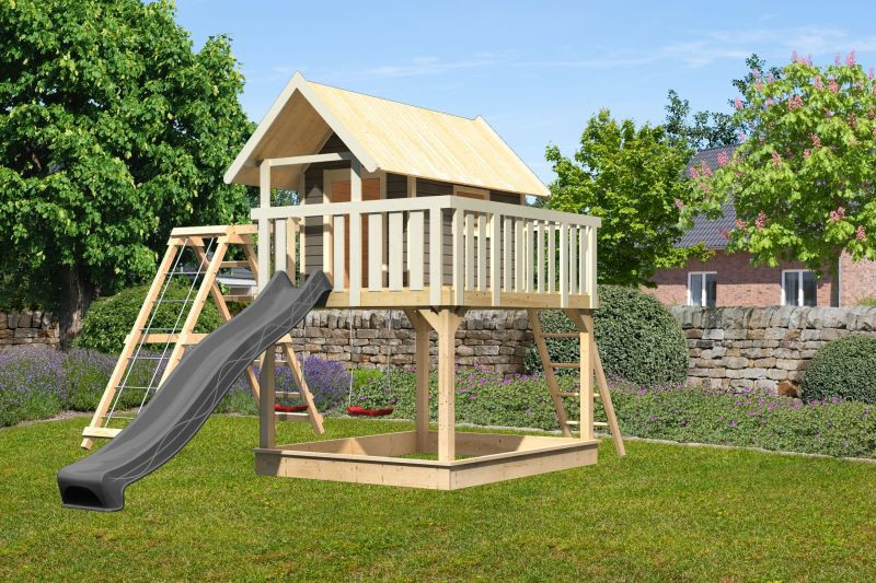 Karibu Fidel 2. cölöpös fa játszóház létrával, kültéri kerti játszóház, antracit csúszdával, dupla hintával, mászókával, Terragrau színben (RP)