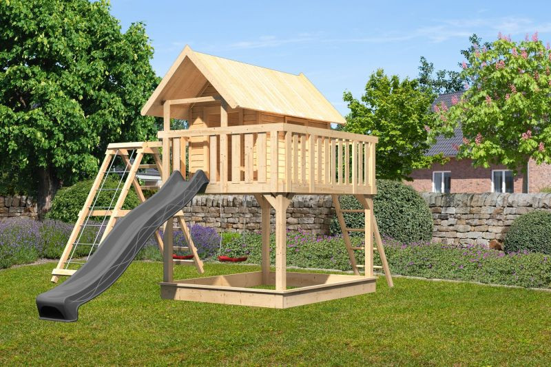 Karibu Fidel 2. cölöpös fa játszóház létrával, kültéri kerti játszóház, antracit csúszdával, dupla hintával, mászókával (RP)