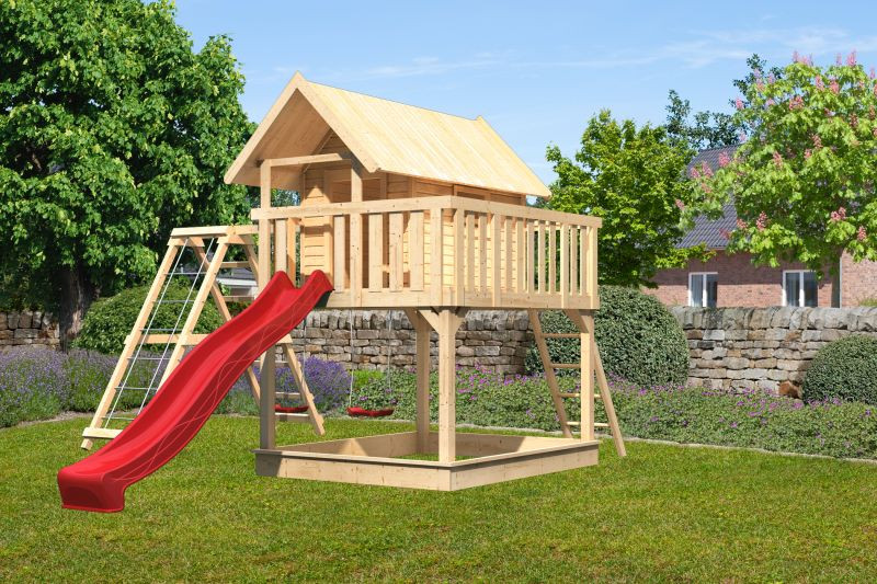 Karibu Fidel 2. cölöpös fa játszóház létrával, kültéri kerti játszóház, piros csúszdával, dupla hintával, mászókával (RP)