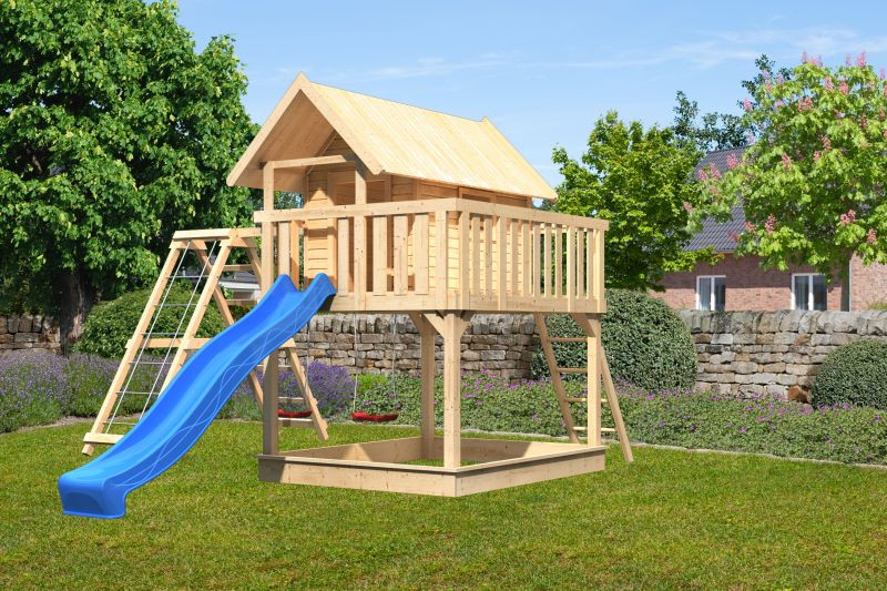 Karibu Fidel 2. cölöpös fa játszóház létrával, kültéri kerti játszóház, kék csúszdával, dupla hintával, mászókával (RP)