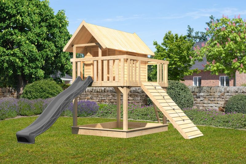 Karibu Fidel 1. cölöpös fa játszóház létrával, kültéri kerti játszóház, antracit csúszdával, fa rámpával (RP)