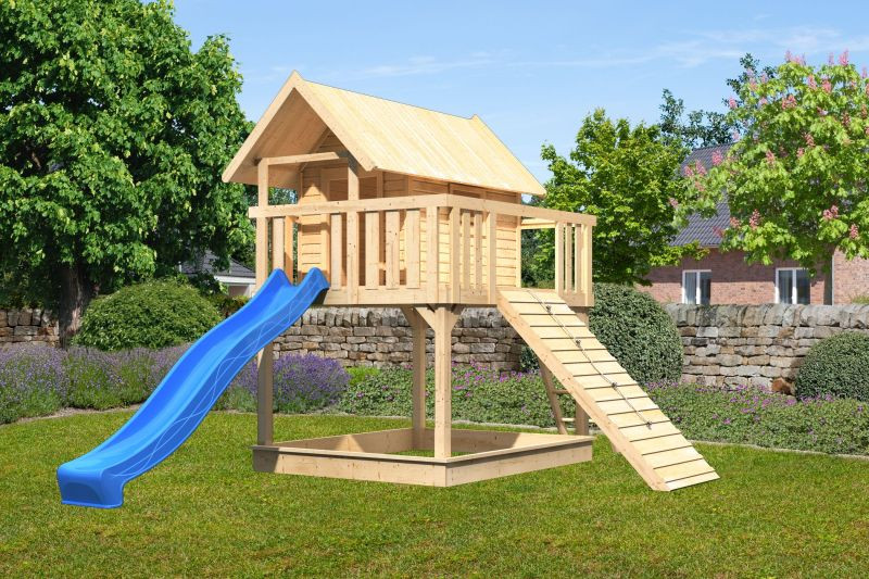Karibu Fidel 1. cölöpös fa játszóház létrával, kültéri kerti játszóház, kék csúszdával, fa rámpával (RP)