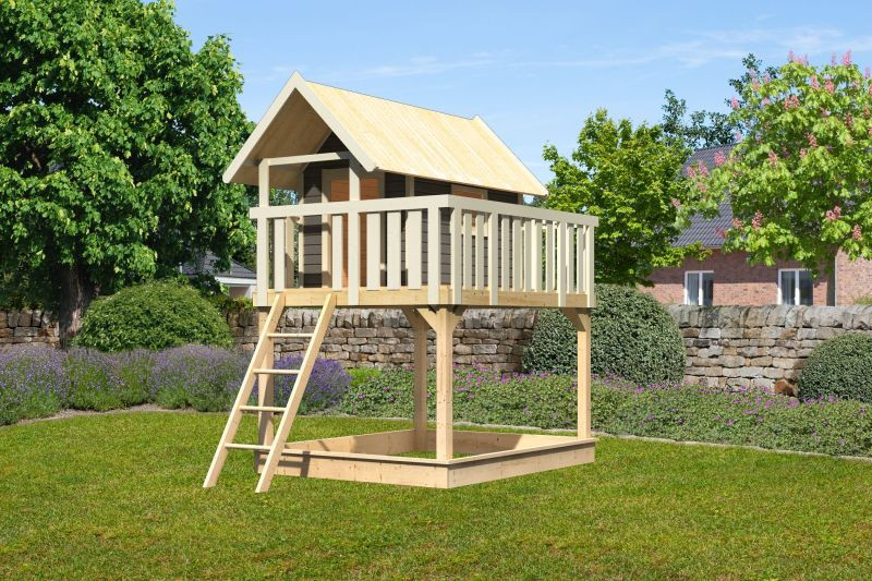 Karibu Fidel cölöpös fa játszóház létrával, kültéri kerti játszóház, Terragrau színben (RP)
