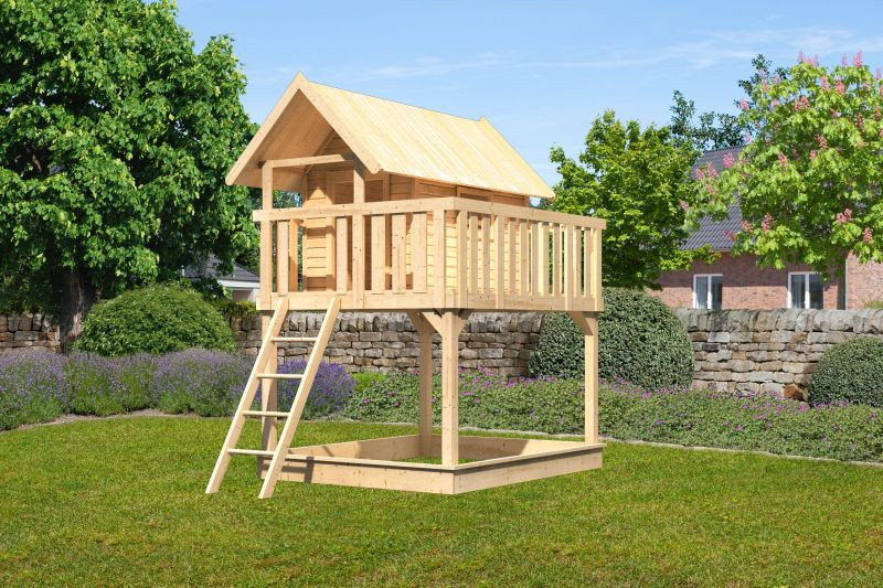 Karibu Fidel cölöpös fa játszóház létrával, kültéri kerti játszóház, Natúr színben (RP)