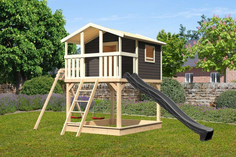 Karibu Benjamin 2. cölöpös fa játszóház, kültéri kerti játszóház létrával, dupla hintával, antracit csúszdával, Terragrau színben (RP)