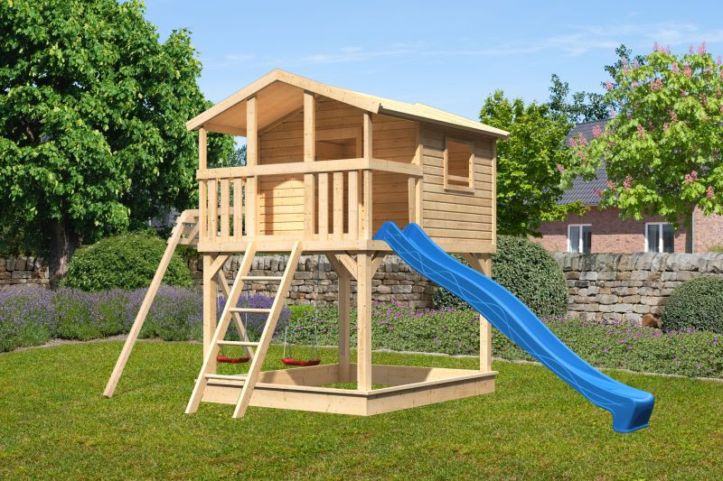Karibu Benjamin 2. cölöpös fa játszóház, kültéri kerti játszóház létrával, dupla hintával, kék csúszdával (RP)