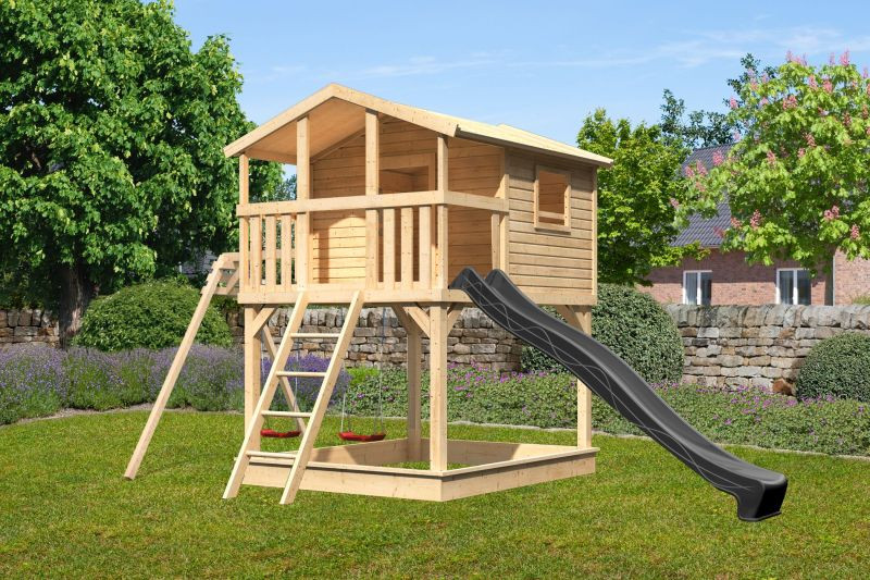Karibu Benjamin 2. cölöpös fa játszóház, kültéri kerti játszóház létrával, dupla hintával, antracit csúszdával (RP)