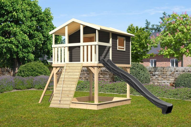Karibu Benjamin 1. cölöpös fa játszóház, kültéri kerti játszóház létrával, antracit csúszdával, fa rámpával, Terragrau színben (RP)