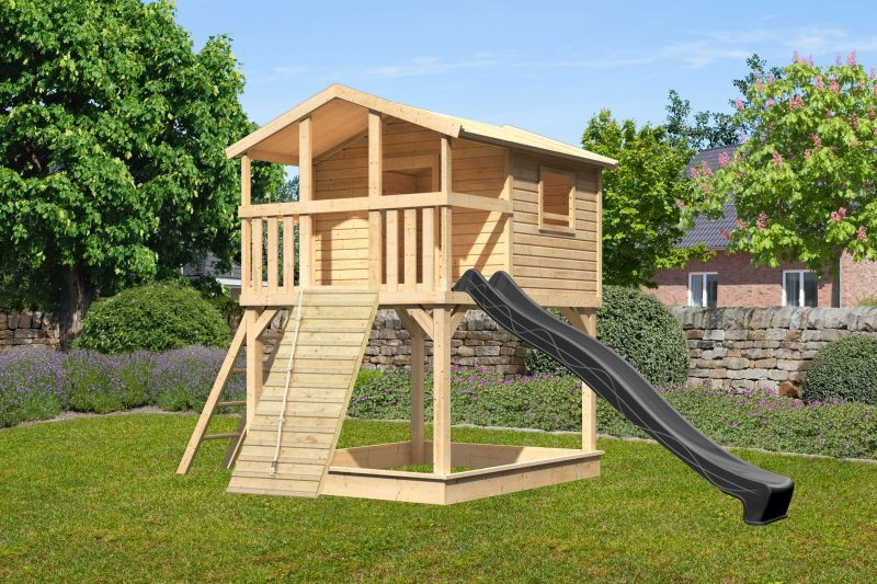 Karibu Benjamin 1. cölöpös fa játszóház, kültéri kerti játszóház létrával, antracit csúszdával, fa rámpával (RP)