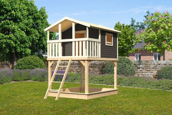 Karibu Benjamin cölöpös fa játszóház létrával, kültéri kerti játszóház, Terragrau színben (RP)