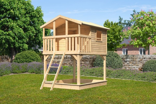 Karibu Benjamin cölöpös fa játszóház létrával, kültéri kerti játszóház, Natúr színben (RP)