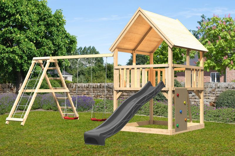 Karibu Luis 2. Játszótorony antracit csúszdával, dupla hintával, mászókával, mászófallal, létrával (RP)