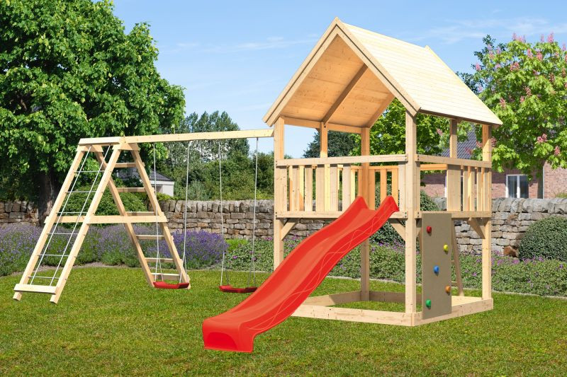 Karibu Luis 2. Játszótorony piros csúszdával, dupla hintával, mászókával, mászófallal, létrával (RP)