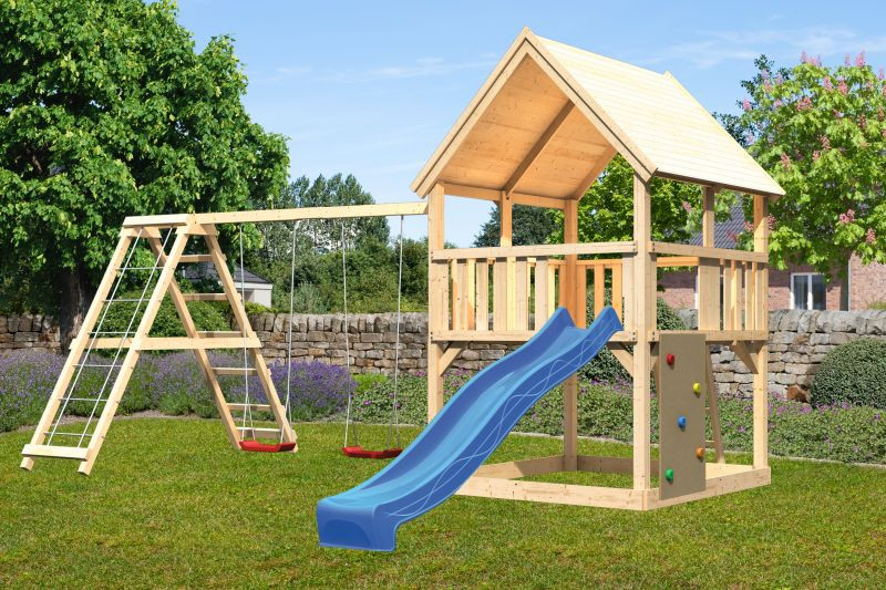 Karibu Luis 2. Játszótorony kék csúszdával, dupla hintával, mászókával, mászófallal, létrával (RP)