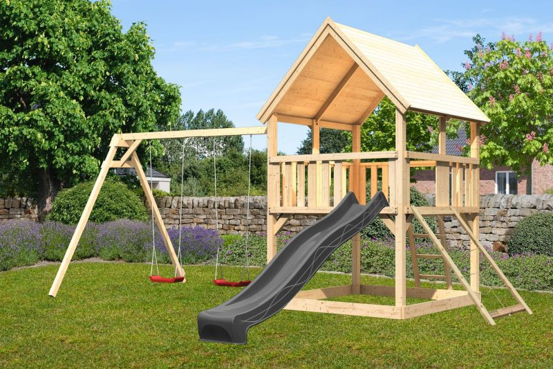 Karibu Luis 1. Játszótorony antracit csúszdával, dupla hintával, hálós rámpával, létrával (RP)