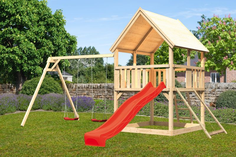 Karibu Luis 1. Játszótorony piros csúszdával, dupla hintával, hálós rámpával, létrával (RP)