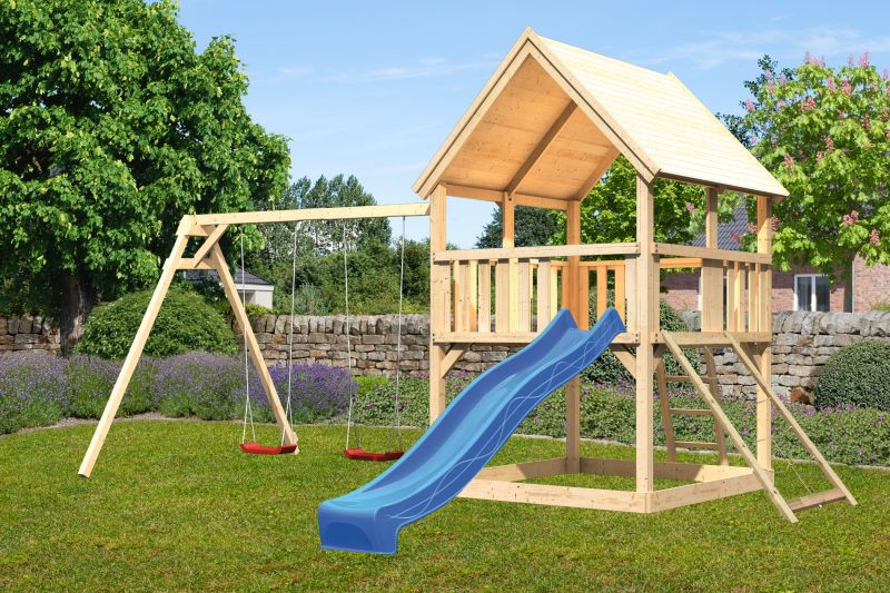 Karibu Luis 1. Játszótorony kék csúszdával, dupla hintával, hálós rámpával, létrával (RP)