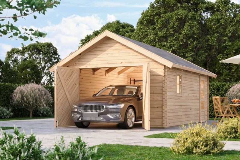 Karibu 38 mm-es fa garázs, nyeregtetős rönkház,  387 cm x 537 cm (RP)