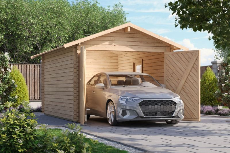 Karibu 28 mm-es fa garázs, nyeregtetős rönkház, 297x447 cm (RP)