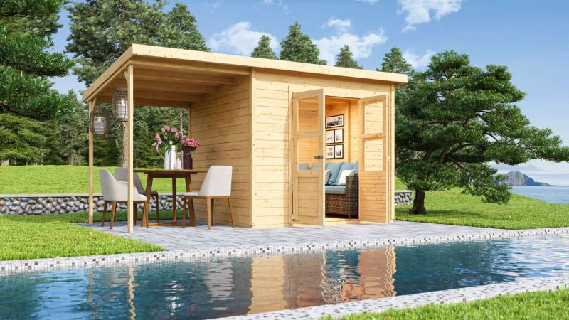 Karibu Merseburg 5. fa kerti tároló, fészer, tetővel és bővítménnyel/terasszal, modern dizájnnal, natúr fából 400 cm x 214 cm (RP)