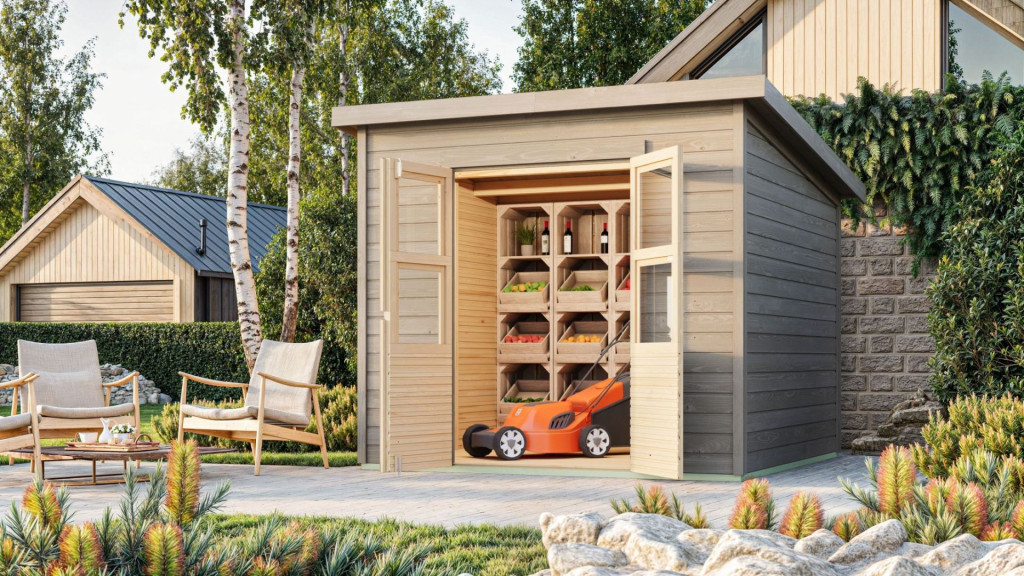 Karibu Merseburg 5. fa kerti tároló, fészer, modern tetővel, szürkére festett fából  242 cm x 214 cm (RP)