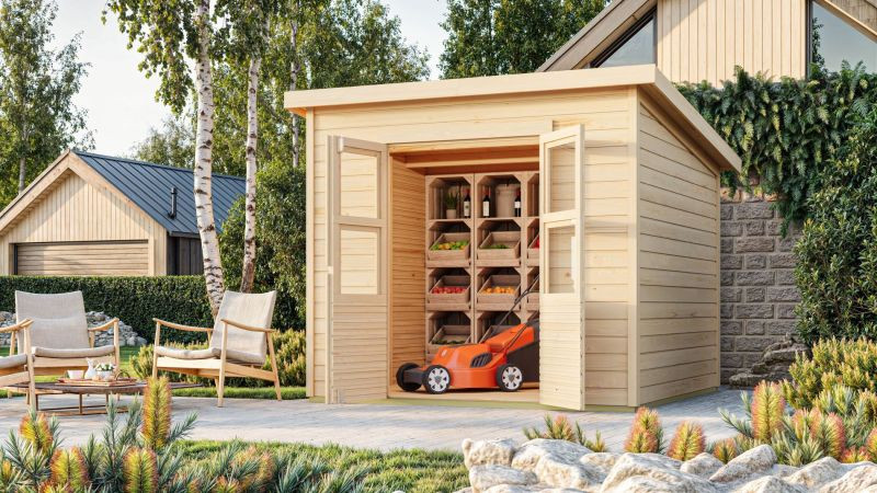 Karibu Merseburg 5. fa kerti tároló, fészer, modern tetővel, natúr fából 242 cm x 214 cm (RP)