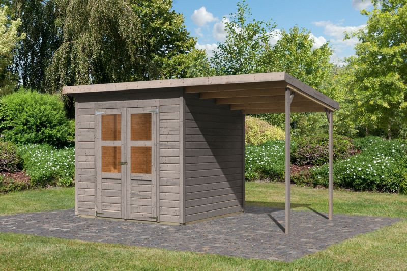 Karibu Merseburg 4. fa kerti tároló, fészer, tetővel és bővítménnyel/terasszal, modern dizájnnal, szürkére festett fából 370 cm x 214 cm (RP)