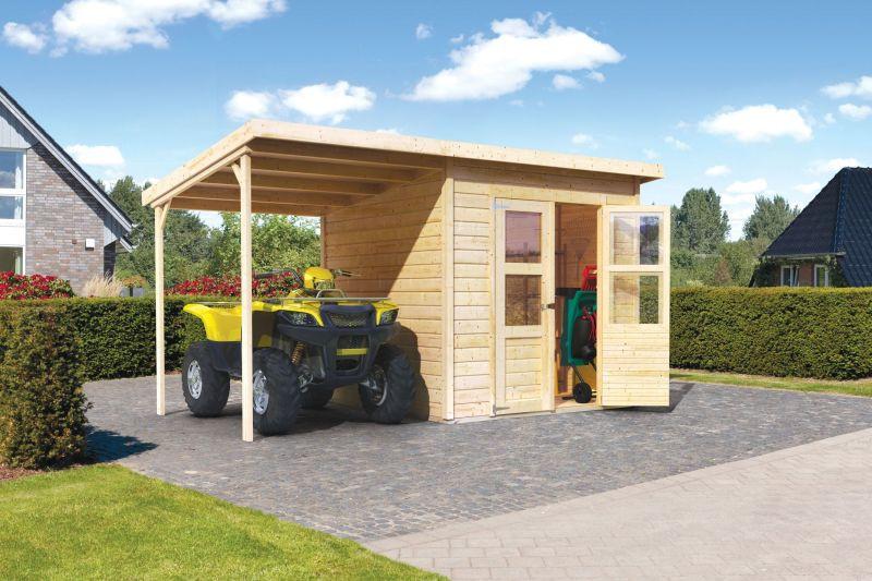 Karibu Merseburg 4. fa kerti tároló, fészer, tetővel és bővítménnyel/terasszal, modern dizájnnal, natúr fából  370 cm x 214 cm (RP)