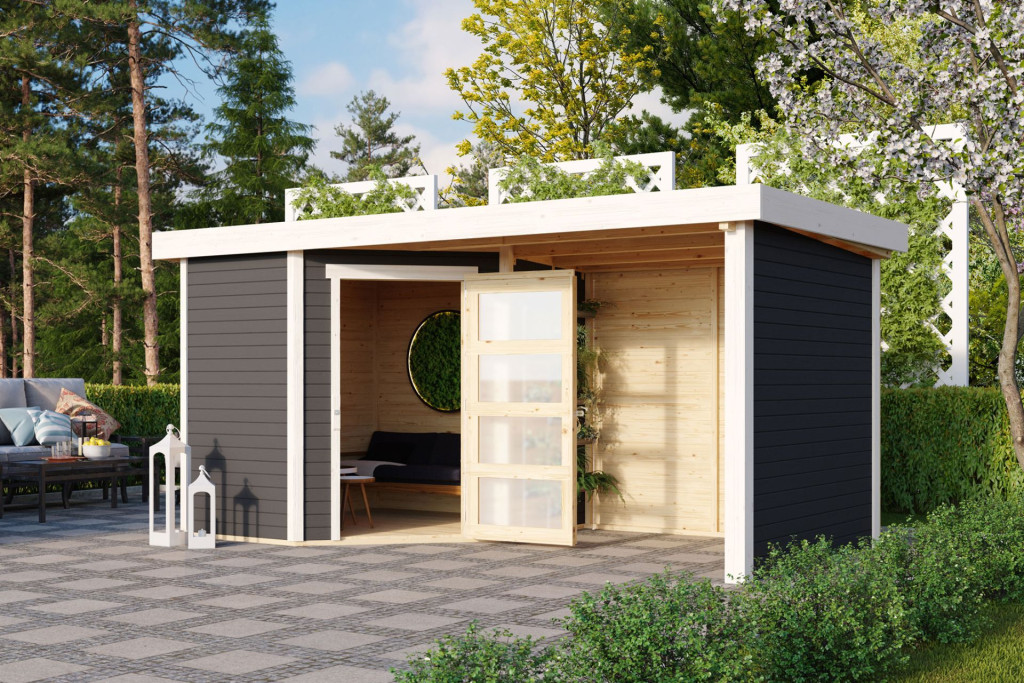 Karibu Schwandorf 3. Terra szürke fa 5 oldalas kerti tároló, fészer tetővel, oldal- és hátfallal rendelkező bővítménnyel/terasszal, modern dizájnnal, 433 cm x 217 cm (RP)