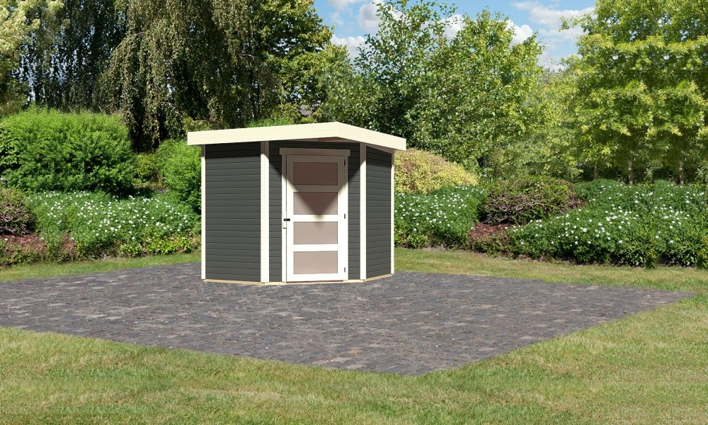Karibu Schwandorf 3. Terra szürke színű 5 oldalas kerti tároló, fészer tetővel, 213 cm x 217 cm (RP)