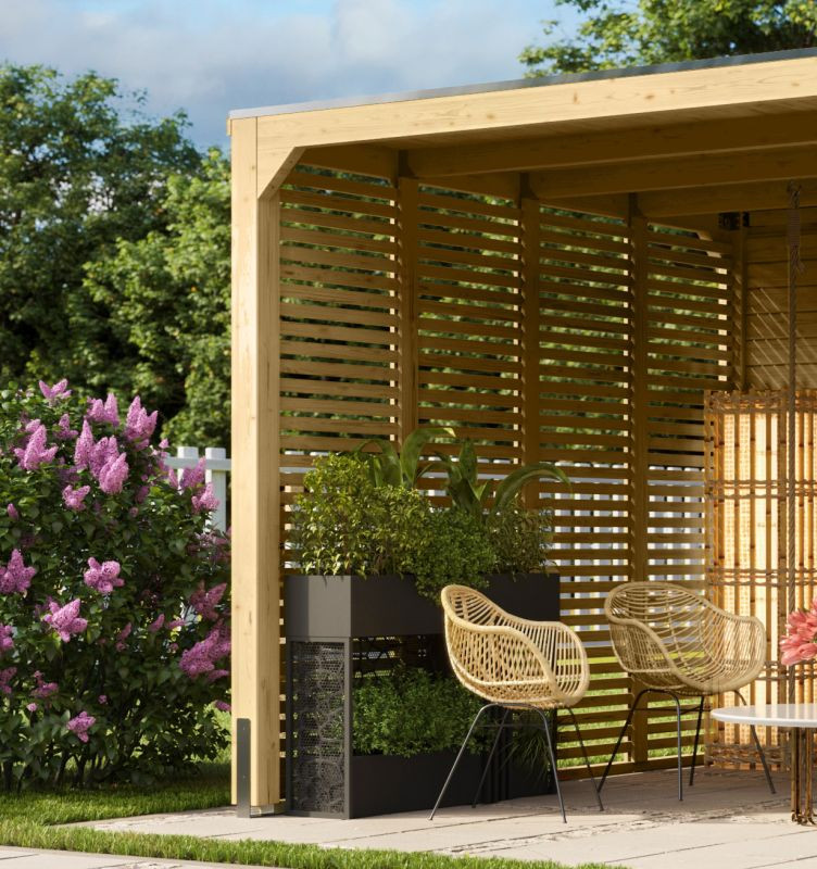 Karibu Cubus Kocka pavilon lécezett oldalfal /  természetes fa hátsó fal, 295 × 227 cm (RP)