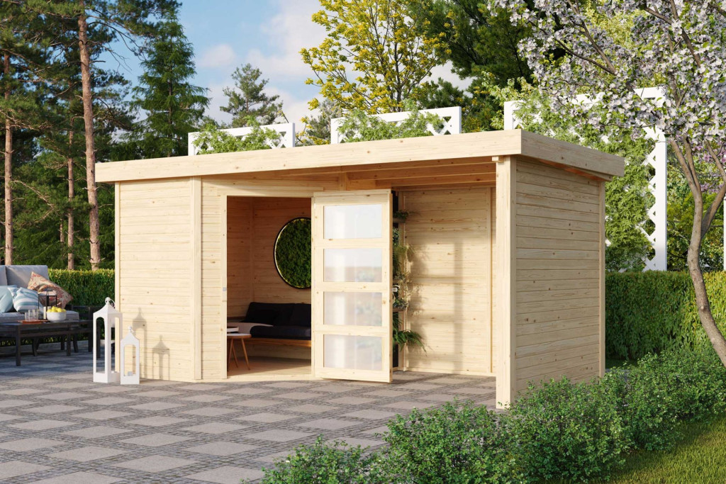 Karibu Schwandorf 3. Natúr fa 5 oldalas kerti tároló, fészer tetővel, oldal- és hátfallal rendelkező bővítménnyel/terasszal, modern dizájnnal, 433 cm x 217 cm (RP)