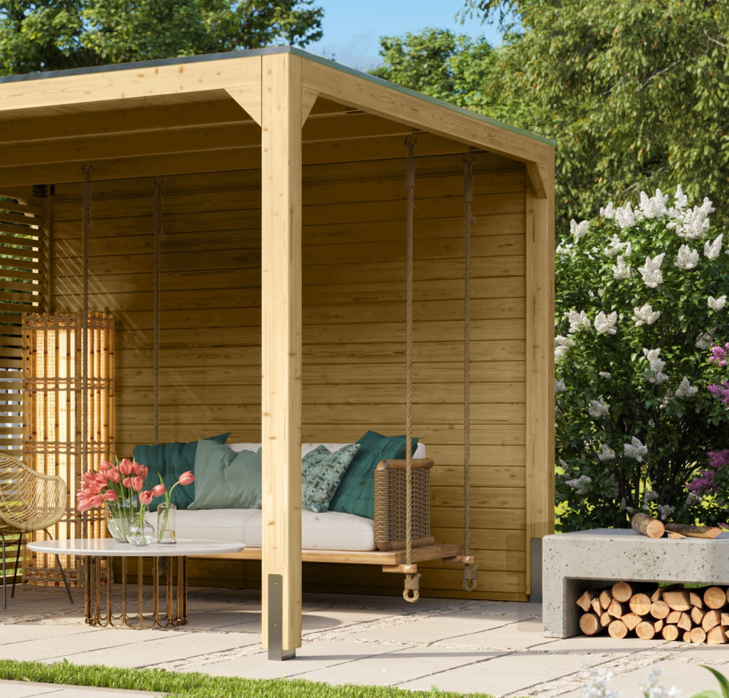 Karibu Cubus Kocka pavilon zárt oldalfal / természetes fa hátsó fal, 295 × 227 cm (RP)