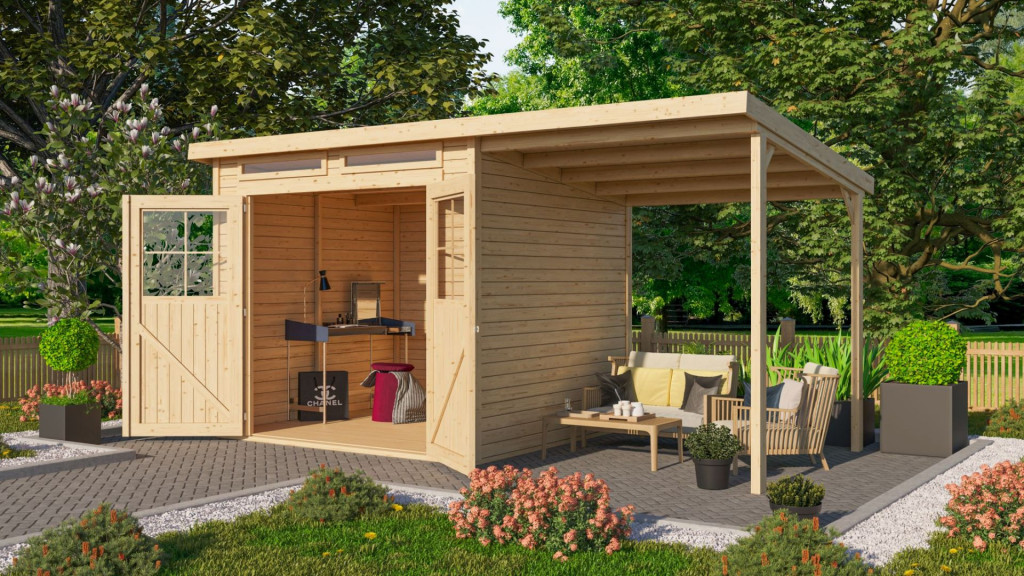 Karibu Glücksburg 4. fa kerti tároló, fészer, modern tetővel és bővítménnyel/terasszal, modern dizájnnal, natúr fából 426 cm x 217 cm (RP)