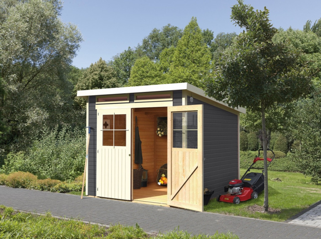 Karibu Glücksburg 4. fa kerti tároló, fészer, modern tetővel,terra szürke színű fából 242 cm x 217 cm (RP)