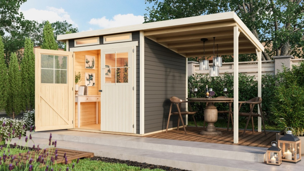 Karibu Glücksburg 3. kis fa kerti tároló, fészer, modern tetővel és bővítménnyel/terasszal, modern dizájnnal, terra szürke színű fából 397 cm x 217 cm (RP)