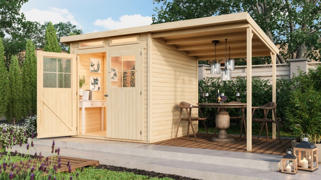 Karibu Glücksburg 3. fa kerti tároló, fészer, modern tetővel és bővítménnyel/terasszal, modern dizájnnal, natúr fából 397 cm x 217 cm (RP)