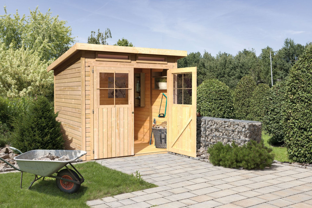 Karibu Glücksburg 3. fa kerti tároló, fészer, modern tetővel, natúr fából 213 cm x 217 cm (RP)