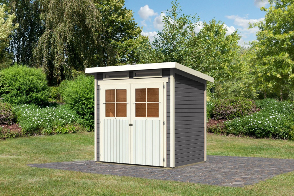 Karibu Glücksburg 2. kis fa kerti tároló, fészer, modern tetővel, terra szürke színű fából 203 cm x 156 cm (RP)