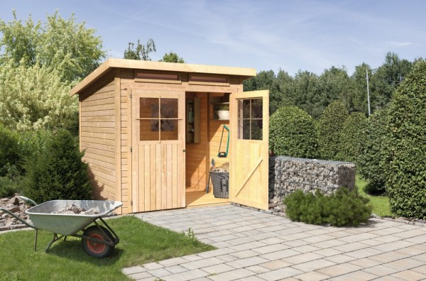 Karibu Glücksburg 2. kis fa kerti tároló, fészer, modern tetővel, natúr fából 203 cm x 156 cm (RP)