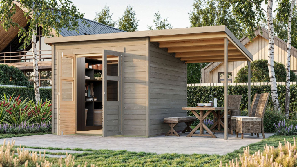 Karibu Merseburg 6. fa kerti tároló, fészer, tetővel és bővítménnyel/terasszal, modern dizájnnal, szürkére festett fából 400 cm x 244 cm (RP)