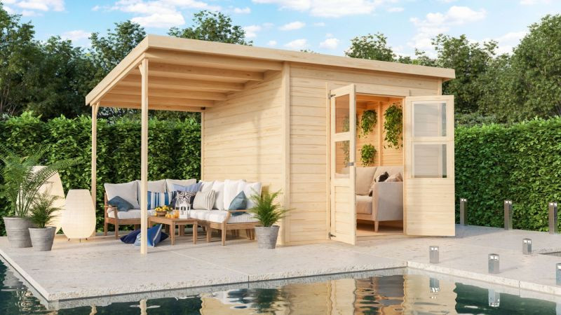 Karibu Merseburg 6. fa kerti tároló, fészer, tetővel és bővítménnyel/terasszal, modern dizájnnal, natúr fából 400 cm x 244 cm (RP)